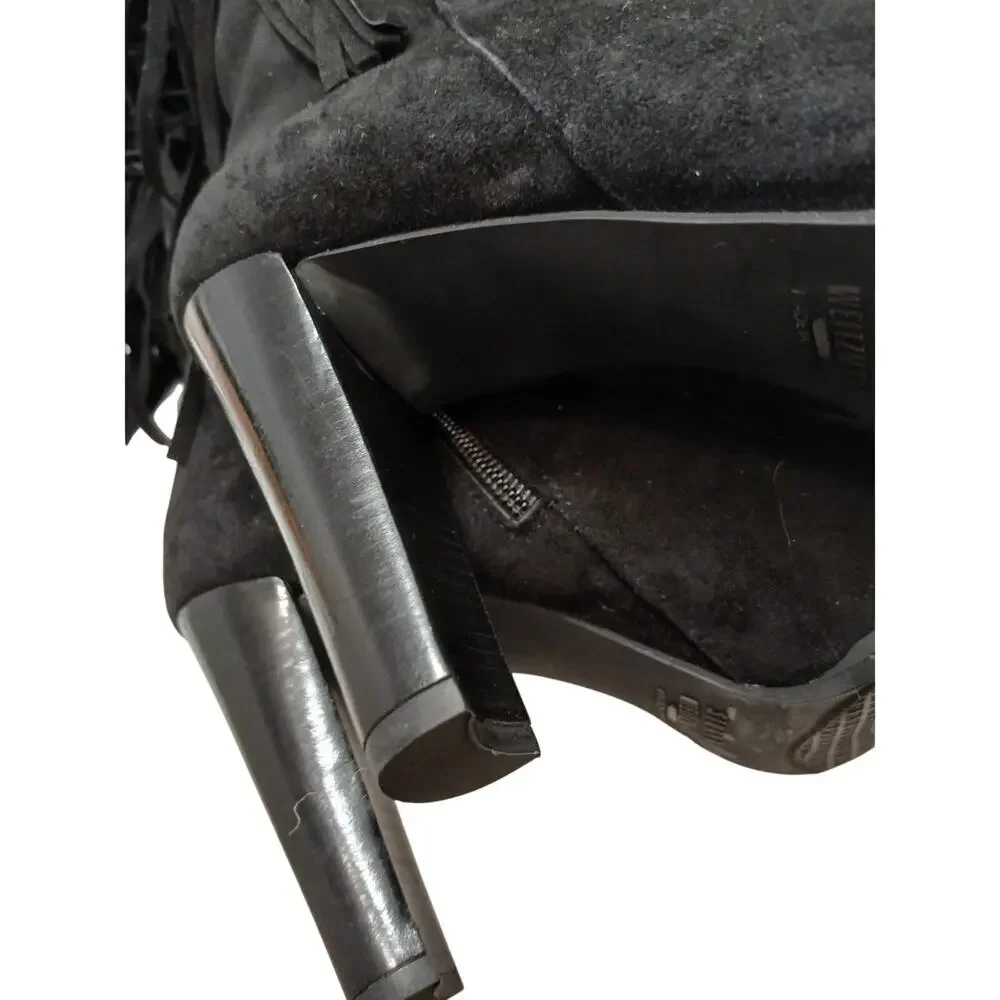 Stuart Weitzman Fringie Black Suede Fringe Boots 7.5 M Over The Knee Western NEW